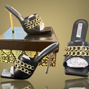 Cape Robbin Black Heels with Gold Chain Detail